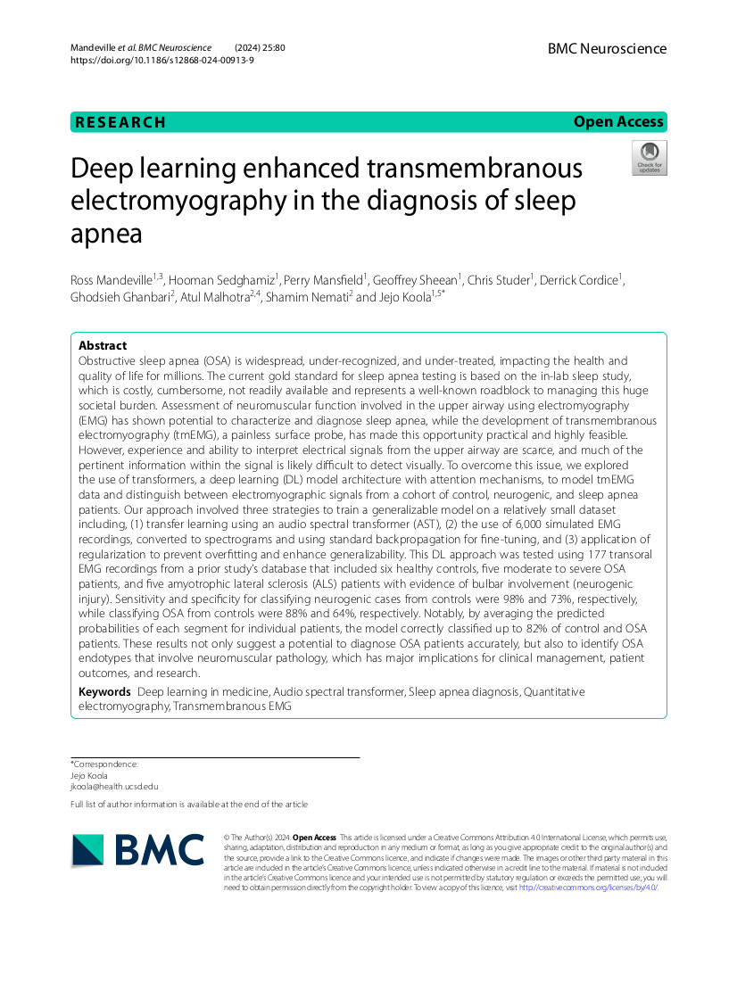 Deep learning enhanced transmembranous electromyography in the diagnosis of sleep apnea